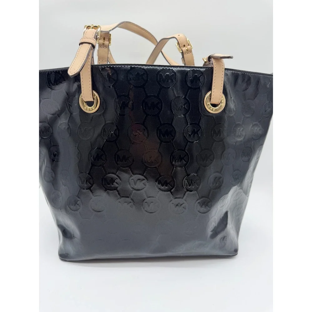 Michael Kors Black Patent Leather Monogram Tote Bag Gold‎ Hardware